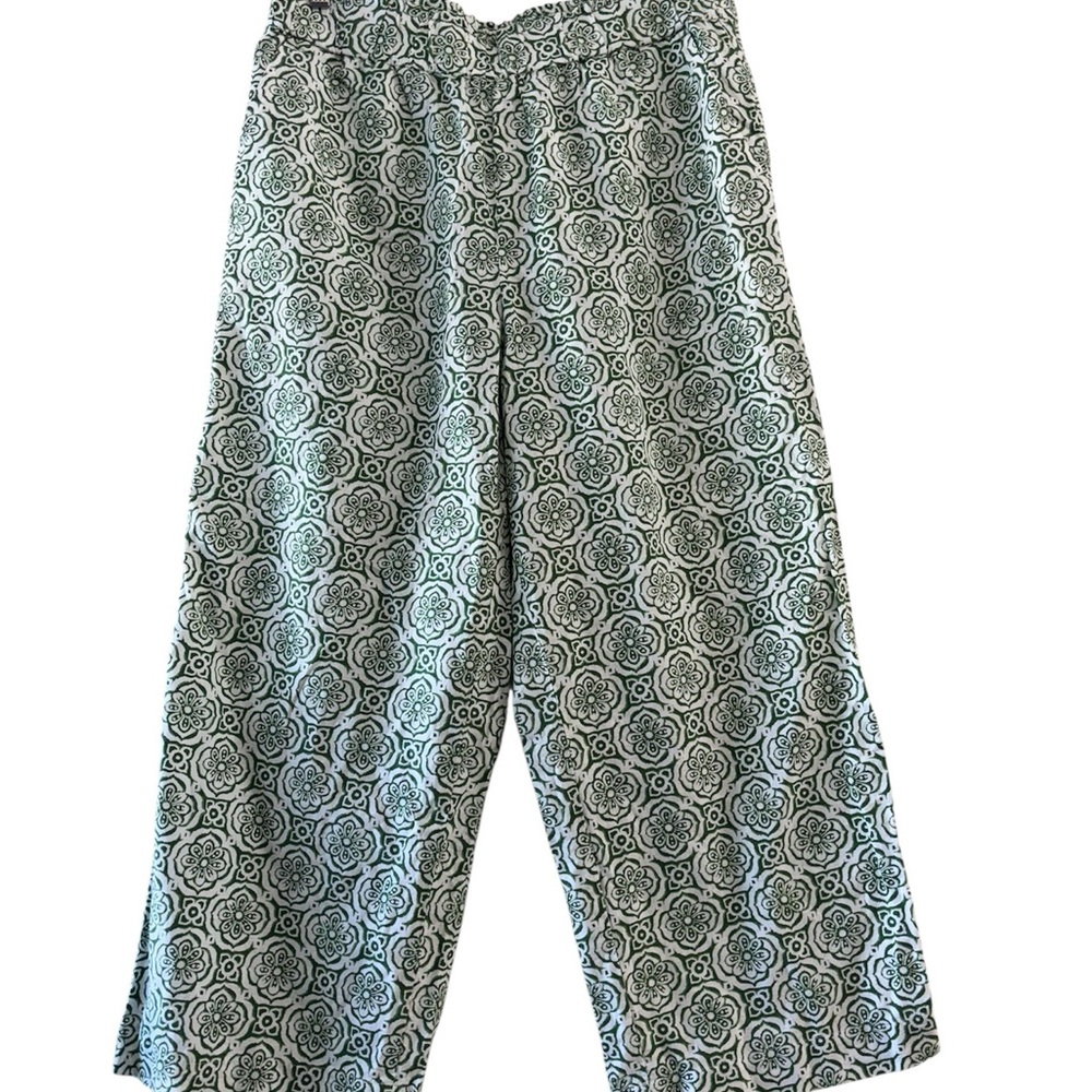 Talbots Wide Crop Washed Linen Blend Green White Pretty Medallion Print Pants L - Picture 2 of 9
